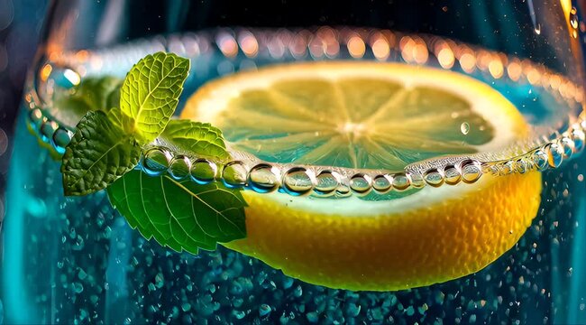 A slice of lemon and mint leaves float in a glass of sparkling blue water
