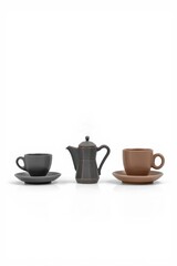 Aesthetic coffee set featuring a teapot and two cups with saucers in neutral tones.