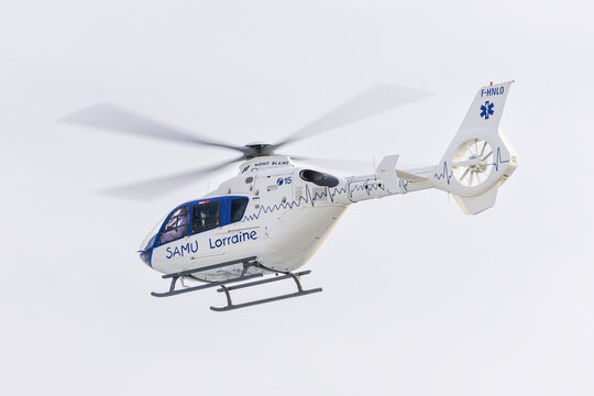 Nancy, France - October 19th 2020 : View on the white medical helicopter Eurocopter EC-135 T2+ of the Samu Lorraine taking off from Nancy's hospital.	