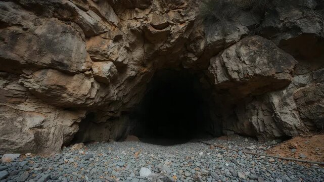 Rocky cave entrance with gravel ground and dark interior