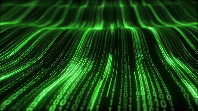 Futuristic green binary code streams curving ripple motion glowing light flow seamless surreal ambience cascading softly abstract unique style ultra realistic cinematic loop