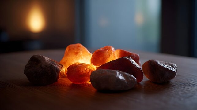 Illuminated pink salt rocks and brown stones rest on a wooden table casting a warm calming glow