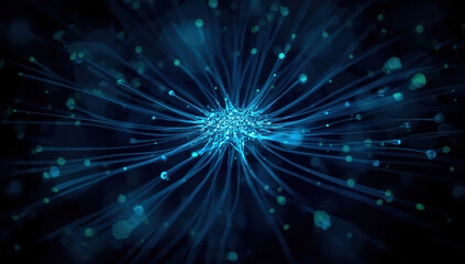Fototapeta premium Bioluminescent neural network with radiating filaments and glowing particles