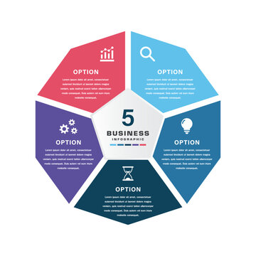 Circular Five Segment Pentagon Business Infographic with Central Hub, Icons, and Color Blocks for Workflow, Strategy, and Presentation Design