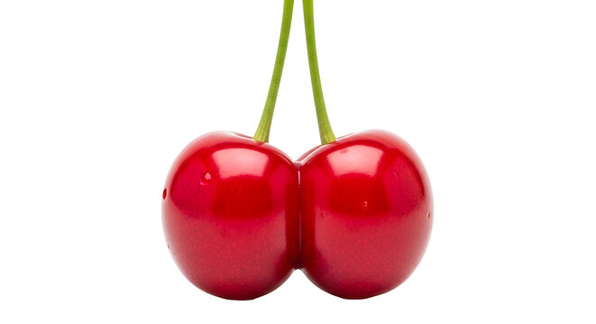 Two ripe cherries hanging from a stem on transparent background
