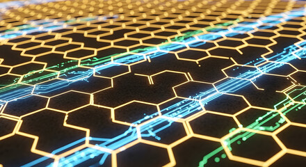 Fototapeta premium Abstract digital nanotechnology grid with glowing blue and green data streams flowing through hexagonal molecular structures representing advanced scientific research and innovation