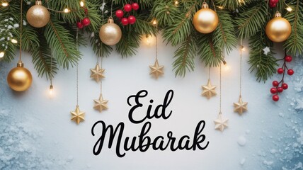 Eid mubarak greeting card with christmas decorations