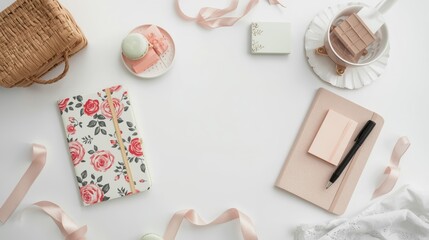 Aesthetic flat lay of floral notebook, pastel accessories, and a wicker bag