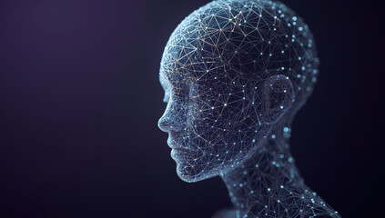Obraz premium Digital artificial consciousness network portrait with glowing neural nodes and connections