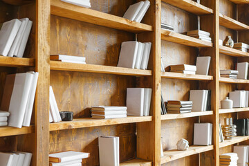 Large wooden bookshelves filled with books in loft style office library. Modern business interior with industrial design and warm natural wood texture in professional workspace. © katyamaximenko