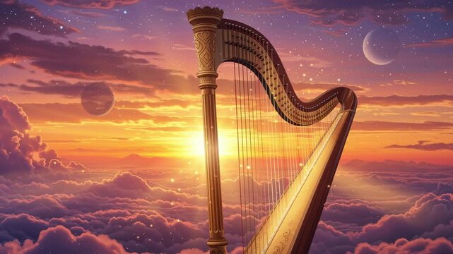 Golden harp stands above clouds with sunset background, crescent moon and celestial body creating a mystical sky scene.
