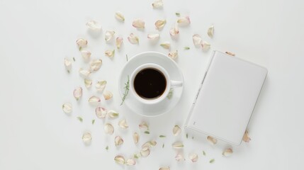 Aesthetic workspace with a cup of coffee, a white notebook, and scattered flowers