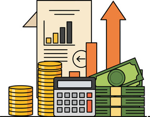 Financial growth concept illustration with stacked coins banknotes a calculator and an upwardpointing arrow graph.