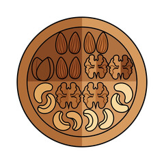 Assorted nuts on a wooden plate, healthy snacking option.