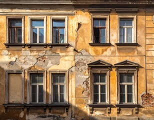 A close-up of a dilapidated building's facade with peeling walls and multiple windows