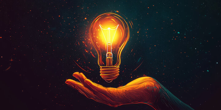 Glowing light bulb hovering above a hand, set against a dark gradient background, representing a breakthrough moment