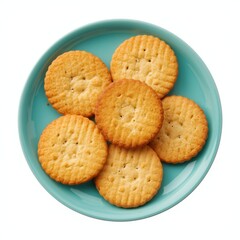 A delightful assortment of round, golden-brown crackers in a vibrant blue bowl.
