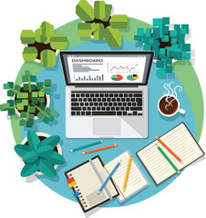 Flat lay illustration of a modern office desk with a laptop dashboard notebooks and lowpoly plants.