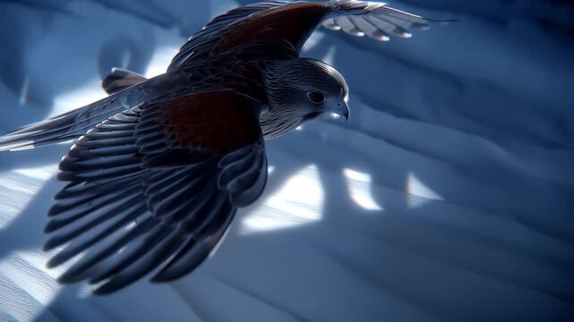 A close up video of a hawk bird in flight, its wings spread wide against a bright background, showcasing bird movement.