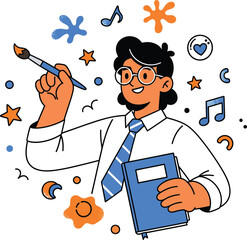 Happy cartoon man with glasses and tie holding a paintbrush and book expressing artistic creativity.