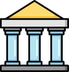 Icon of a classical building with three blue columns a grey base and a yellow pediment.