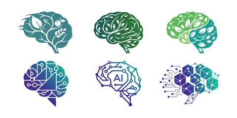 logo brain bundle combination leaf, vegetable, data, connection icon vector illustration