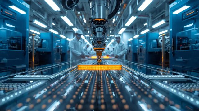 Advanced semiconductor manufacturing line with robotic arms in cleanroom facility