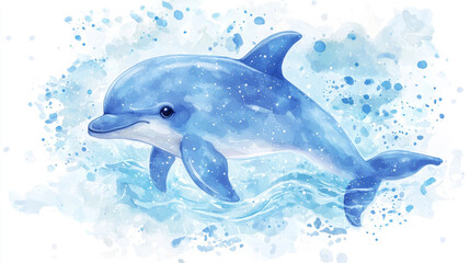 Fototapeta premium Whimsical baby dolphin in soft blue pastel, surrounded by sparkles and gentle ocean ripples