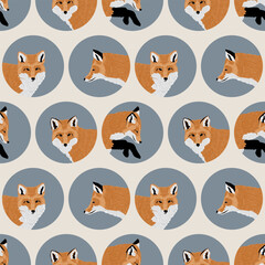 Fototapeta premium Seamless vector pattern with red fox portraits in round icons on beige background