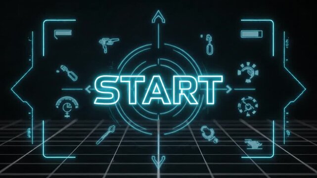 Futuristic interface with neon blue start button on grid background, viewed from directly above, featuring various technology icons