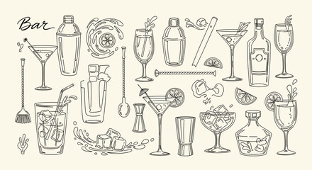 Vintage Hand Drawn Bar Collection Featuring Cocktails Shakers Glasses Bottles And Barware Elements On A Light Background