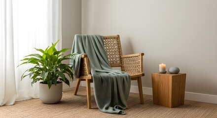 Naklejka premium Cozy and inviting living room corner with wicker chair, soft blanket, and calming indoor plants.