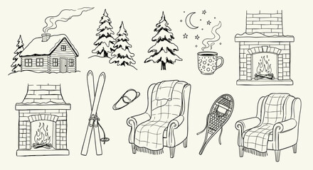 Obraz premium Cozy Winter Scene Collection Hand Drawn Elements Featuring Log Cabin Snow Trees Fireplace Armchairs Ski Snowshoes and Hot Drink
