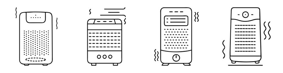 Four outlined vector art illustrations of various air purifier designs emitting air
