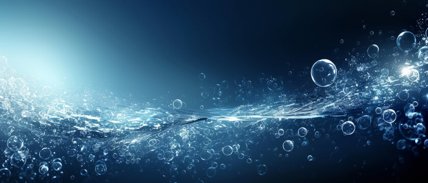 Abstract water wave with bubbles on blue background