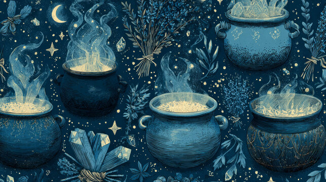 Magical night pattern with cauldrons, herbs, and moon