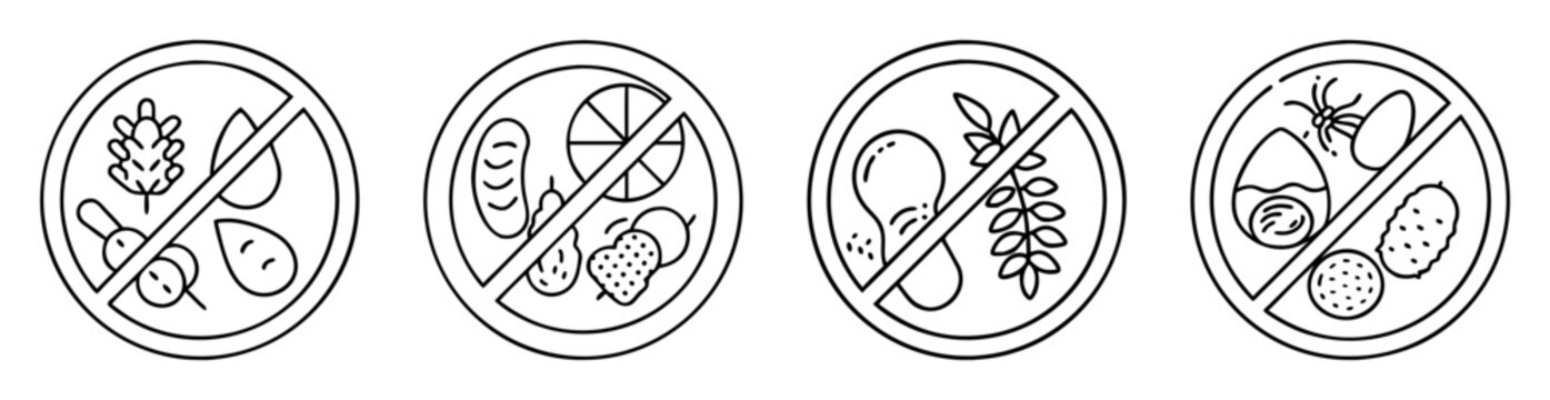 A collection of icons showing four different dietary restrictions and prohibitions