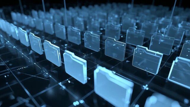 Rows of illuminated digital folders in futuristic data network grid