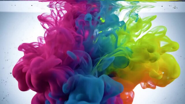 Vibrant colorful ink plumes swirling and mixing in clear water, creating an abstract and dynamic visual effect.