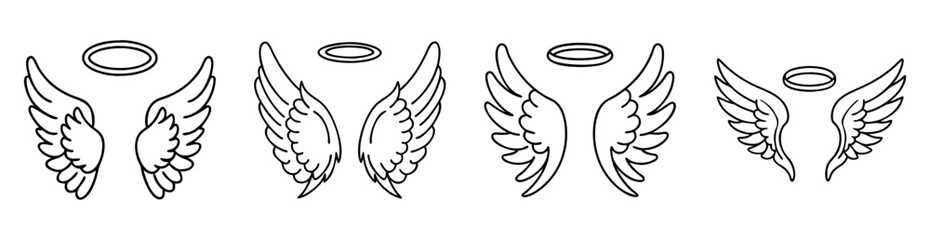 Obraz premium Four sets of angel wings with halos, graphic black and white line art