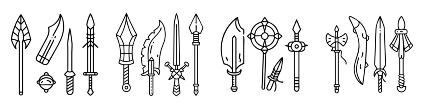 Stylized black and white line art assortment of medieval weapons
