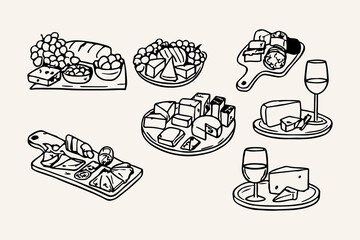 Naklejka premium Hand Drawn Charcuterie Board with Cheese and Wine Line Art Vector Set