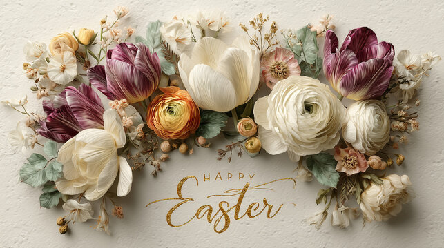 elegant easter floral arrangement with tulips ranunculus and roses on white background
