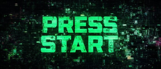 Fototapeta premium Press Start message with digital glitch effects and green pixel background