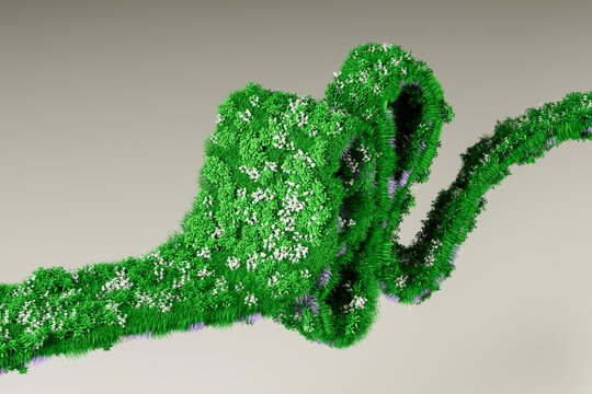 3D Botanical Data Stream, grass ribbon with tiny blooms