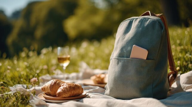 Picnic scene in a park or garden. there is a blue backpack on the right side of the image with a small pocket on the front.