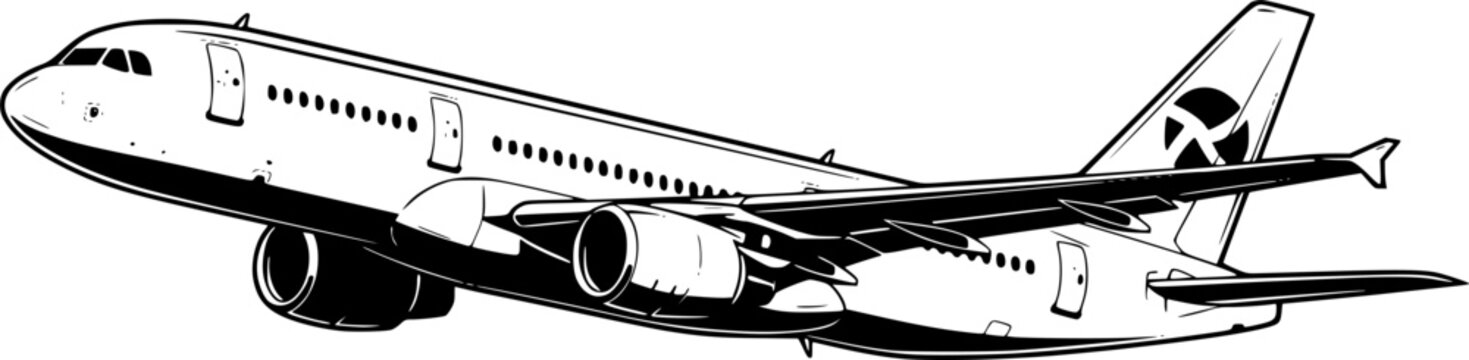 Modern Aeroplan aircraft for global travel journey and aviation transport &ndash; Black and White Vector Illustration