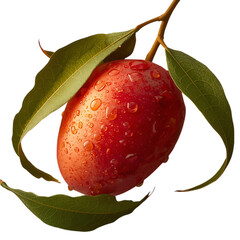 Fresh red mango with water drops on branch with green leaves isolated on transparent background