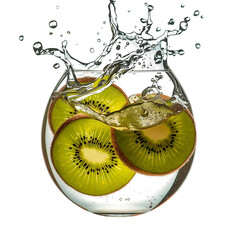 Sliced kiwi in a glass of water with splash isolated on transparent background