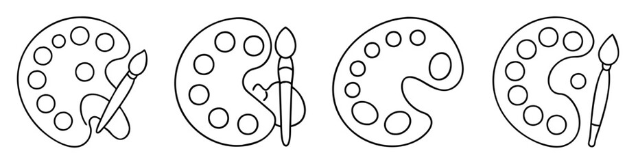 Black and white line drawing of paint palettes and paint brushes